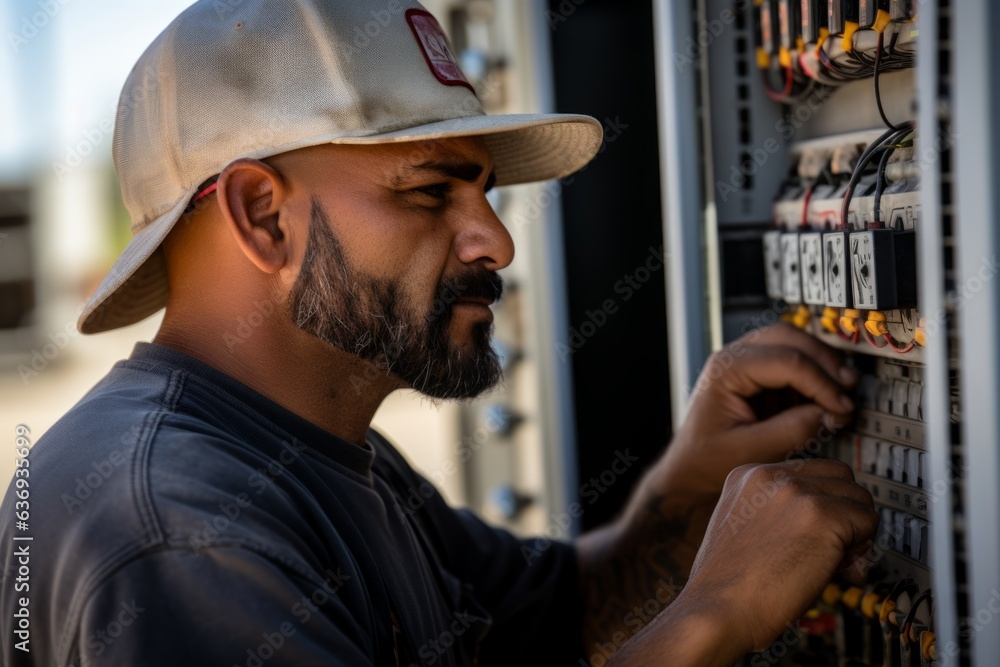 Experienced technician engineer fixing examining inspecting electric grid network replacement details electrician repair consumer technology safety expertise industry specialist performing repair job