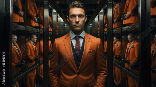 Concept of Monotonous Routine: A man stands in an elevator, surrounded by suits, carrying a briefcase, reflecting the repetitive nature of work.