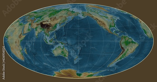 World map. Physical. Aitoff projection. Meridian: 180 photo