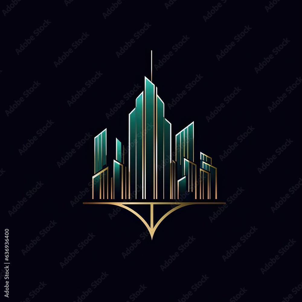 Creative logo for a real estate company with skyscrapers in green and gold colours on black background