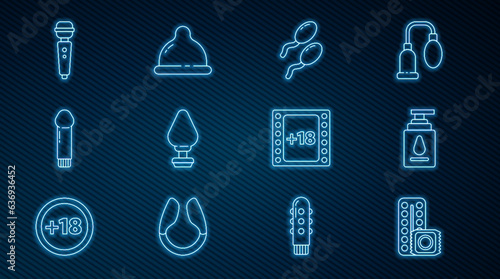 Set line Birth control pills and condom, Personal lubricant, Sperm, Anal plug, Dildo vibrator, Play Video with 18 plus content and Condom icon. Vector