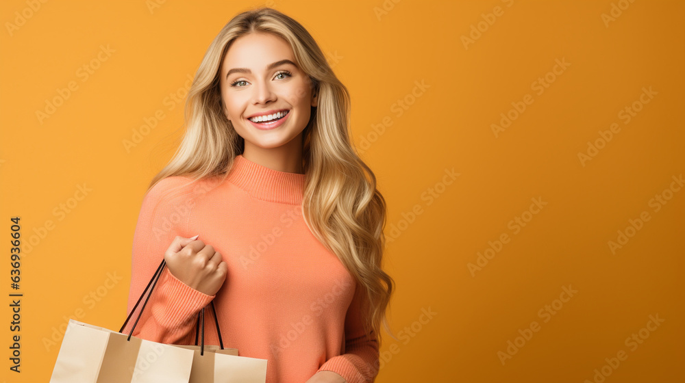 Relaxed Girl with Shopping Bags Leaning Back and Smiling, Plain Background,black friday, christmas present, gift,  