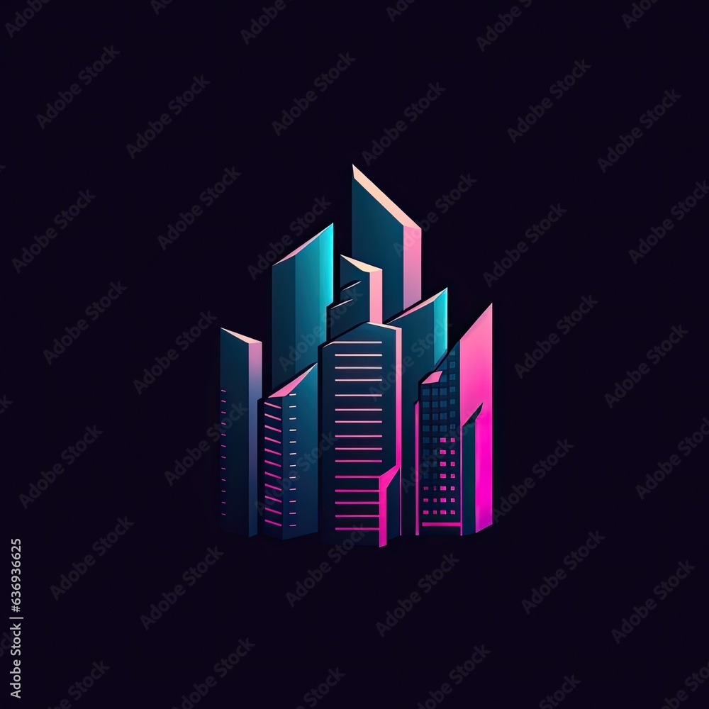 Creative logo for a real estate company with skyscrapers in purple, blue and gold colours on dark background