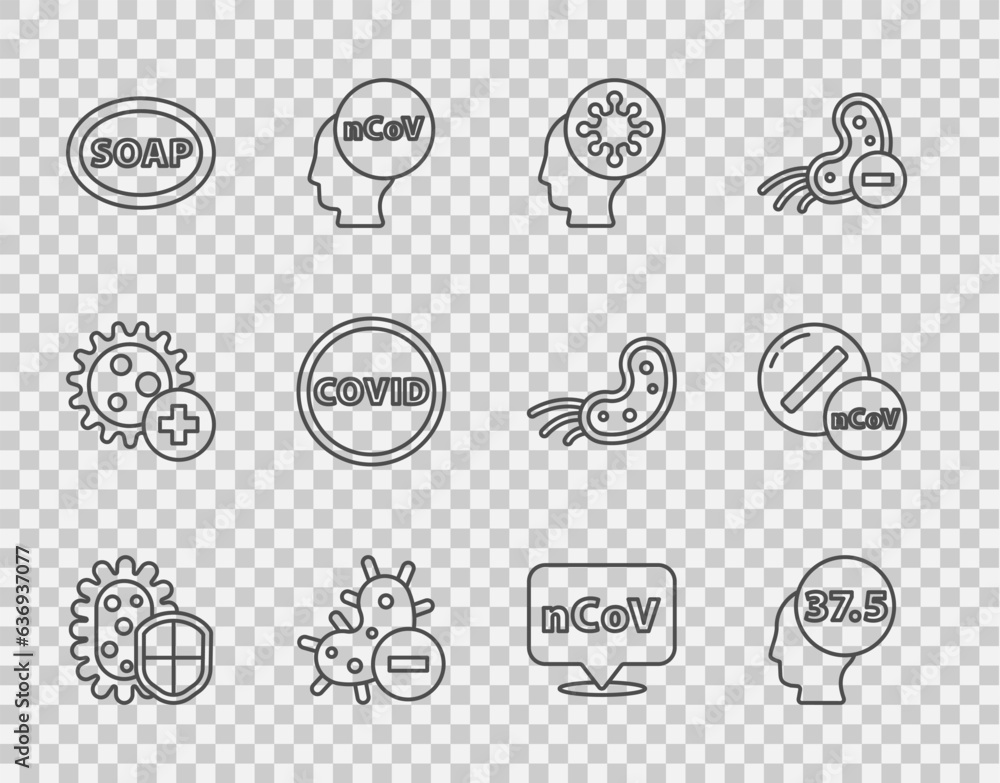 Set line Shield protecting from virus, High human body temperature, Human and, Negative, Bar of soap, Corona covid-19, 2019-nCoV location and Medicine pill tablet icon. Vector