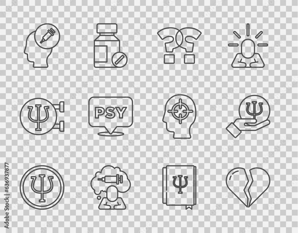 Set line Psychology, Psi, Broken heart or divorce, Question mark, Addiction to the drug, book, and icon. Vector Set line Psychology, Psi, Broken heart or divorce, Question mark, Addiction to the drug, book, and icon. Vector