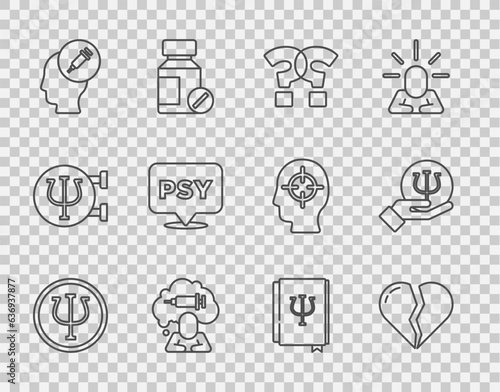 Set line Psychology, Psi, Broken heart or divorce, Question mark, Addiction to the drug, book, and icon. Vector