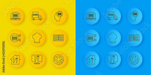 Set line Online ordering and delivery, burger, Chef hat, Donut, Restaurant cafe menu, and Fast by car icon. Vector
