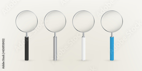 Set of four magnifying glasses, loupes with various color of grips.