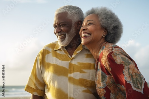 Elderly black couple smiling, generative AI