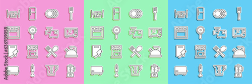 Set line Blender, Kettle with handle, Microwave oven, Plate, Frying pan, Oven, Wooden table chair and Kitchen meat grinder icon. Vector