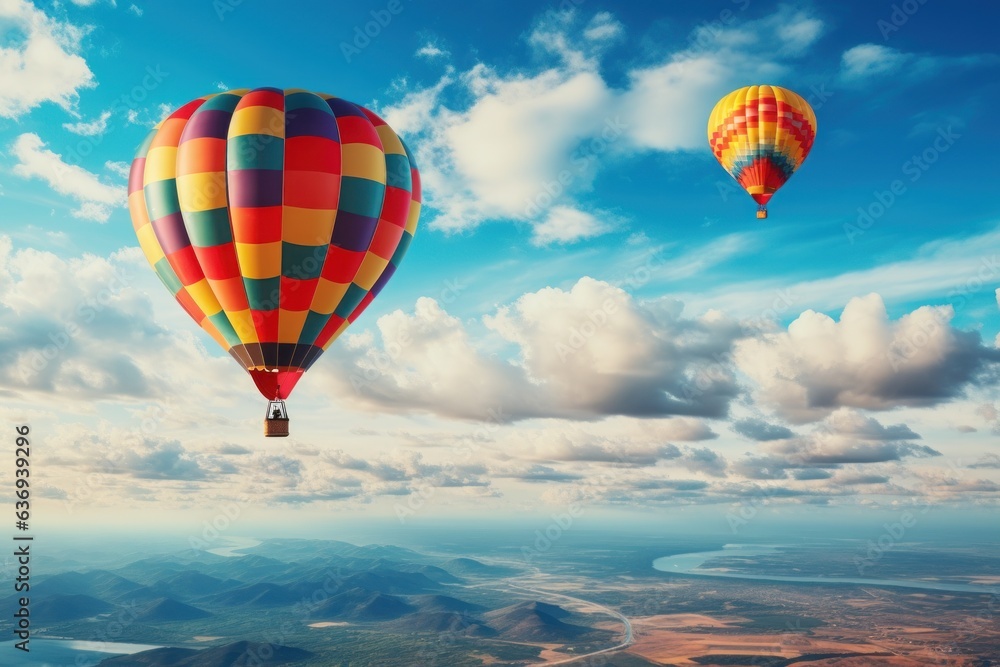 Obraz premium Balloon flight. Beautiful background, travel theme. Generative AI.