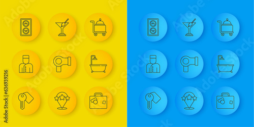 Set line Hotel door lock key, Concierge, Hair dryer, Suitcase, Bathtub with shower, Lift, Covered tray and Martini glass icon. Vector
