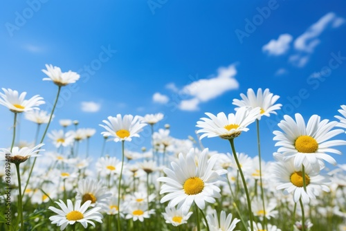 Field of daisy  blue sky  sunny day  professional photography. Generative AI.
