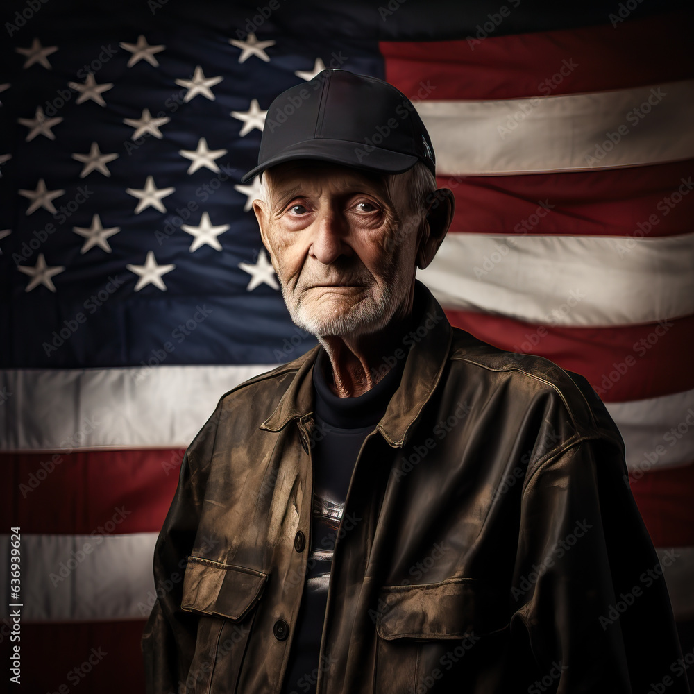 Obraz premium Old veteran with the American flag in the background, Concept of Veterans Day in the USA.