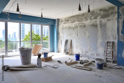 Renovation and modernization with flattened drywall walls in a condo room. Generative AI. photo
