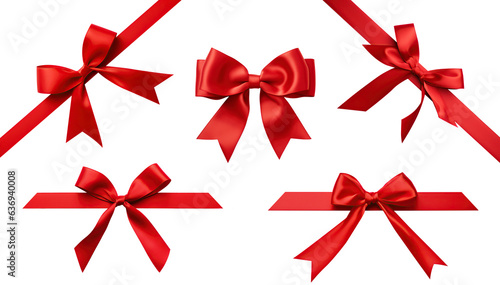 set of red bow with diagonaly ribbon on the corner for gift decor on transparent background. png