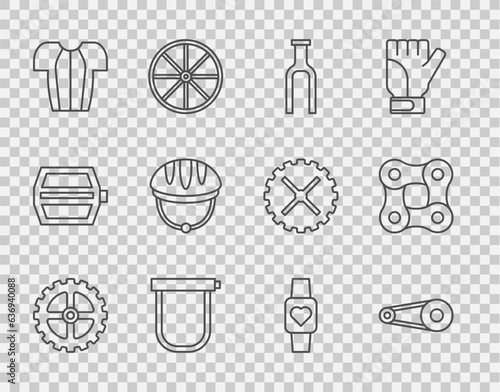 Set line Bicycle sprocket crank, chain with gear, fork, lock, Cycling t-shirt, helmet, Smart watch and icon. Vector