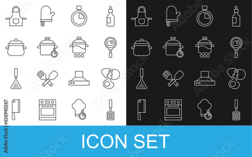 Set line Barbecue spatula, Broken egg, Fried eggs on frying pan, Stopwatch, Cooking pot, Kitchen apron and icon. Vector