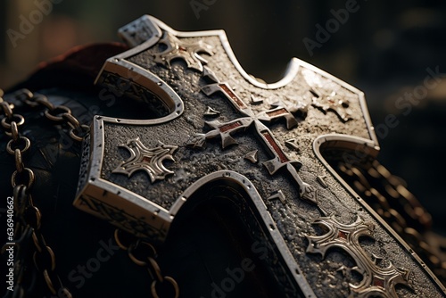 Close-up shots of the iconic symbols associated with the Knights Templar, such as the cross pattee, engraved on stone or metal surfaces. Generative Ai photo