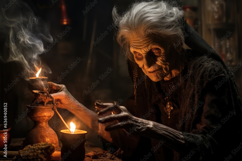 The old evil sorceress brews a potion in her lair.