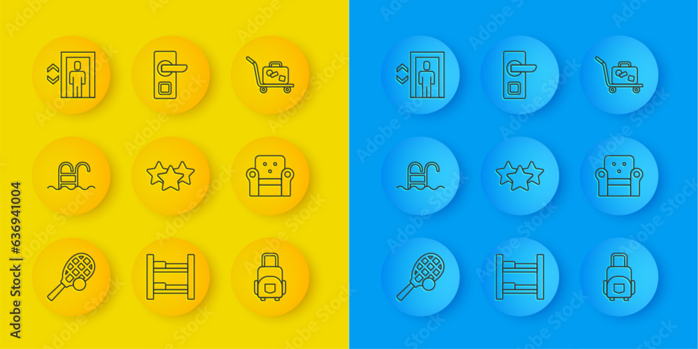 Set line Tennis racket with ball, Swimming pool, Stars rating, Suitcase, Armchair, Lift, Trolley suitcase and Digital door lock icon. Vector Set line Tennis racket with ball, Swimming pool, Stars rating, Suitcase, Armchair, Lift, Trolley suitcase and Digital door lock icon. Vector