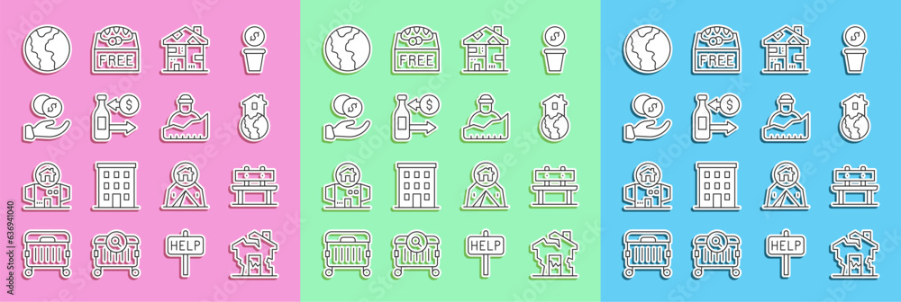 Set line Ruined house, Bench, Shelter for homeless, Homeless cardboard, Reception of glass bottles, Donation hand with money, Global economic crisis and Growth icon. Vector Set line Ruined house, Bench, Shelter for homeless, Homeless cardboard, Reception of glass bottles, Donation hand with money, Global economic crisis and Growth icon. Vector
