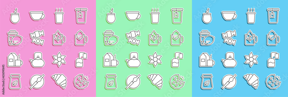 Set line Cookie or biscuit, Tea bag, Cup of tea with lemon, Candy, Mate and leaf icon. Vector Set line Cookie or biscuit, Tea bag, Cup of tea with lemon, Candy, Mate and leaf icon. Vector