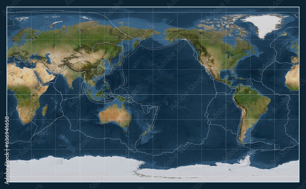 Tectonic plates. Satellite. Compact Miller projection 180