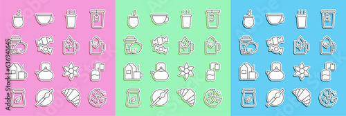 Set line Cookie or biscuit, Tea bag, Cup of tea with lemon, Candy, Mate and leaf icon. Vector