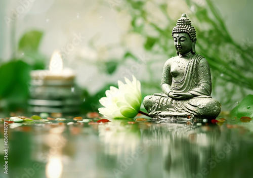 Buddha statue water lotus Buddha near lotus flower on green background