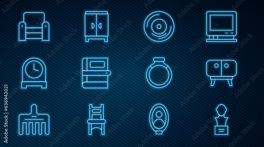 Set line Gypsum head sculpture bust, TV table stand, Vinyl disk, Book, Antique clock, Armchair, Gold ring and Wardrobe icon. Vector Set line Gypsum head sculpture bust, TV table stand, Vinyl disk, Book, Antique clock, Armchair, Gold ring and Wardrobe icon. Vector