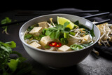 A close-up of a garnished bowl of vegetarian Pho, featuring tofu, bean sprouts, and fresh herbs, served alongside lime wedges and chili sauce