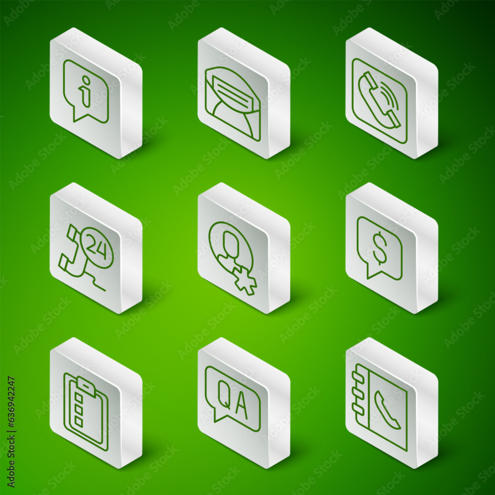 Set line Phone book, Question and Answer, Information, Elected employee, Telephone 24 hours support, Mail e-mail, Online quiz, test, survey and Paid icon. Vector Set line Phone book, Question and Answer, Information, Elected employee, Telephone 24 hours support, Mail e-mail, Online quiz, test, survey and Paid icon. Vector