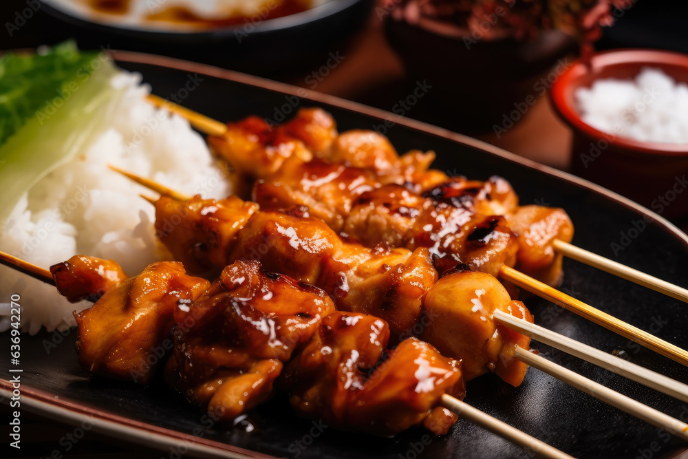 A perfectly grilled yakitori skewers with a sweet and spicy marinade, accompanied by steamed rice and pickled ginger on the side