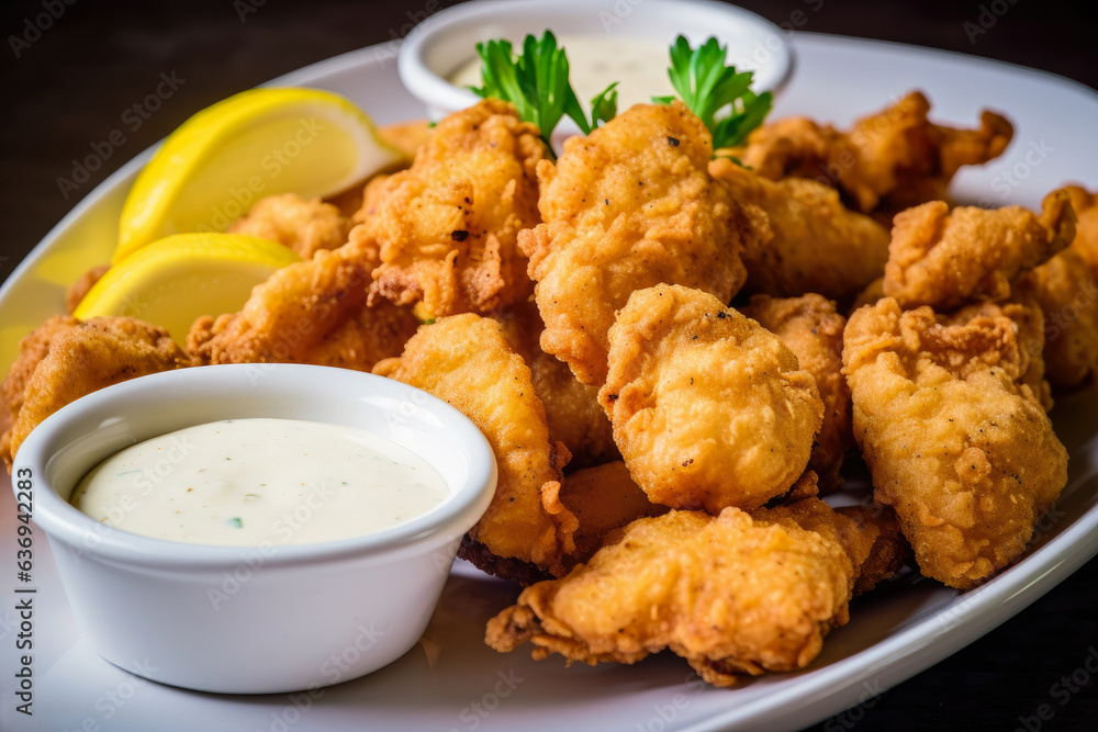 Enjoy some delicious crispy fried catfish nuggets served with a zesty lemon aioli on the side, perfect for dipping Enjoy some delicious crispy fried catfish nuggets served with a zesty lemon aioli on the side, perfect for dipping