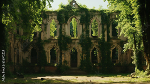 a ruined building surrounded by trees and water.Generative Ai