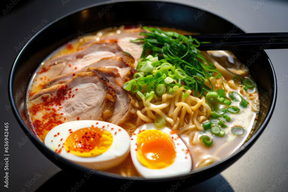 A mouthwatering bowl of spicy tonkotsu ramen, topped with green onions, tender pork slices, and a perfectly boiled egg, is simply irresistible