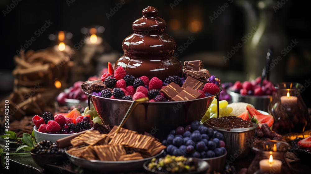 A chocolate fountain at a dessert buffet, with a cascade of velvety chocolate flowing down to dip fruits and treats 