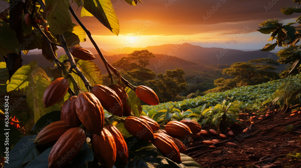 A shot of a cocoa bean plantation at sunset, highlighting the origins of chocolate's main ingredient  - obrazy, fototapety, plakaty 