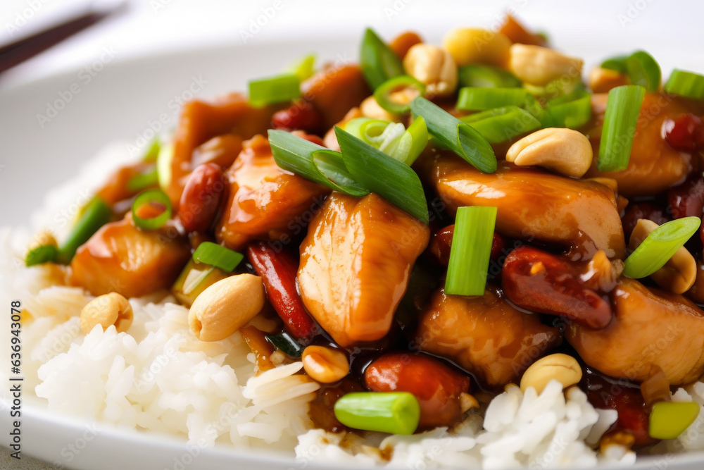 A tempting close-up of Kung Pao Chicken, topped with scallions and served on steaming white rice, will make your mouth water A tempting close-up of Kung Pao Chicken, topped with scallions and served on steaming white rice, will make your mouth water