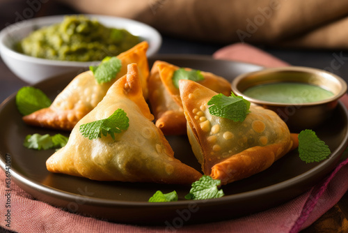 Savory Indian samosas, filled with flavorful ground lamb, served on a plate with chopped onion and mint chutney, make for a mouth-watering traditional appetizer