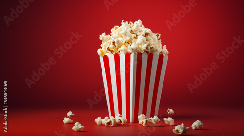 Popcorn bursts out of the red and white striped container onto the bright red background, Cinema Experience, Movie Night, Popcorn Time, Generated AI