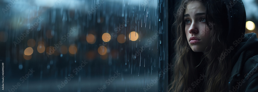 Portrait of a young girl with a sad and depressed expression looking out the window with raindrops on the glass, copy space. Created using Generative AI technology. - obrazy, fototapety, plakaty 