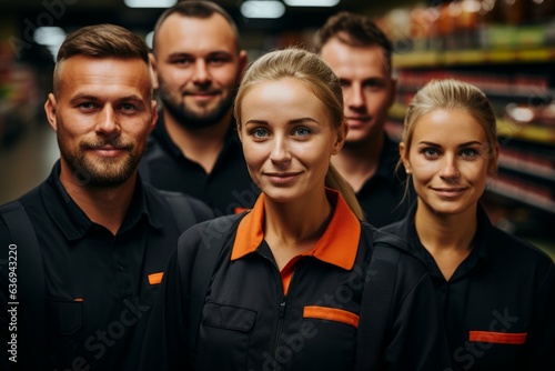 Advertising portrait shot of a supermarket staff team standing together in a supermarket and they look at the camera. Generative Ai