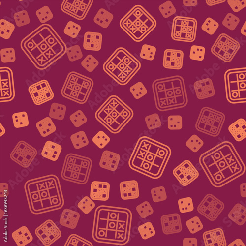 Brown line Tic tac toe game icon isolated seamless pattern on red background. Vector