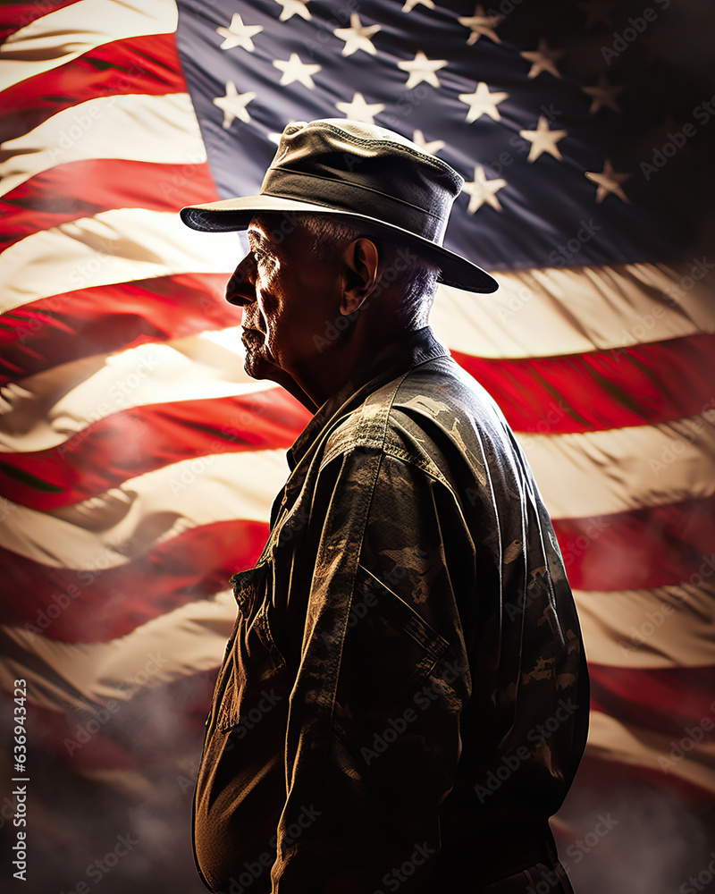Old veteran with the American flag in the background, Concept of Veterans Day in the USA. Old veteran with the American flag in the background, Concept of Veterans Day in the USA.