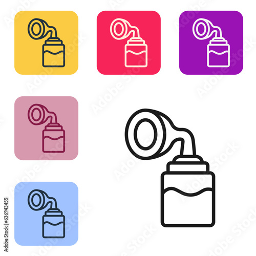 Black line Breast pump icon isolated on white background. Set icons in color square buttons. Vector