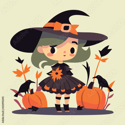 Photo cartoon witch girl and crows on halloween pumpkins