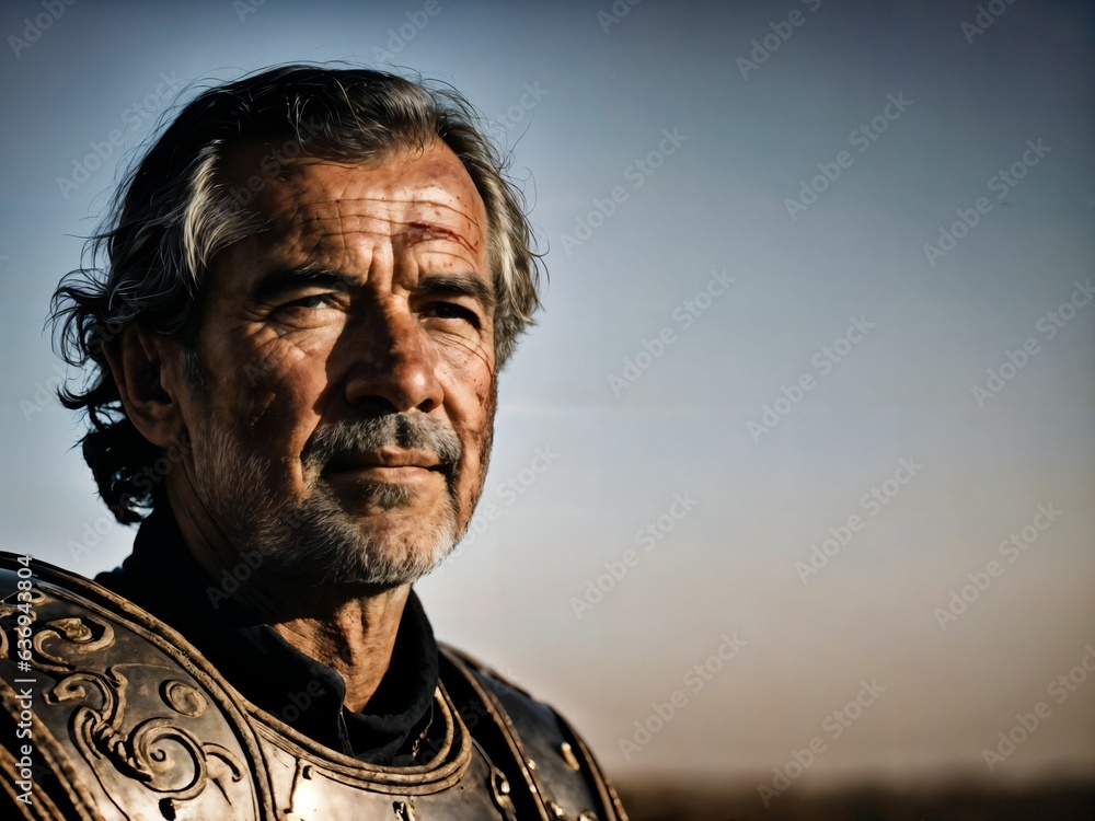 photo of strong ancient senior male warrior with roman armor stained, generative AI photo of strong ancient senior male warrior with roman armor stained, generative AI