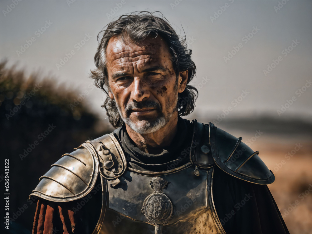 photo of strong ancient senior male warrior with roman armor stained, generative AI